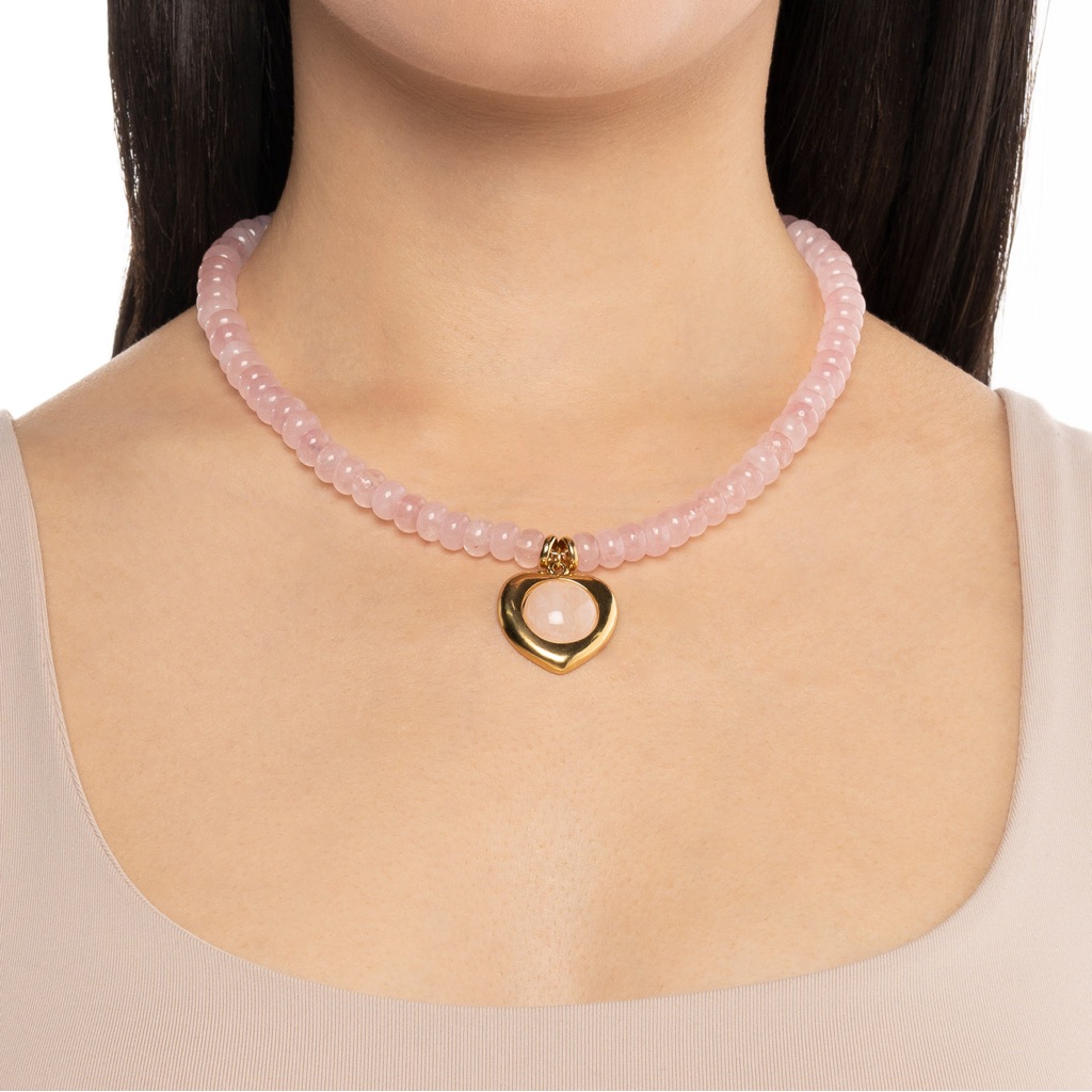 Mayamar Pink Quarts Beaded Necklace With Gold Heart And Quarts Pendant